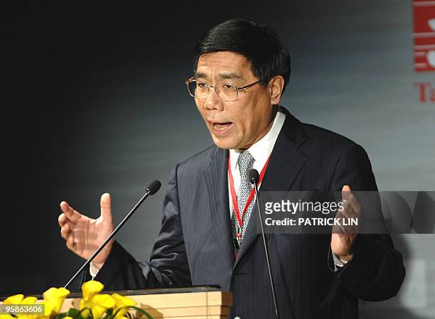 Jiang Jianqing, chairman of the Industrial and Commercial Bank of China, gestures while addressing a seminar in Taipei on January 19, 2010. Jiang...