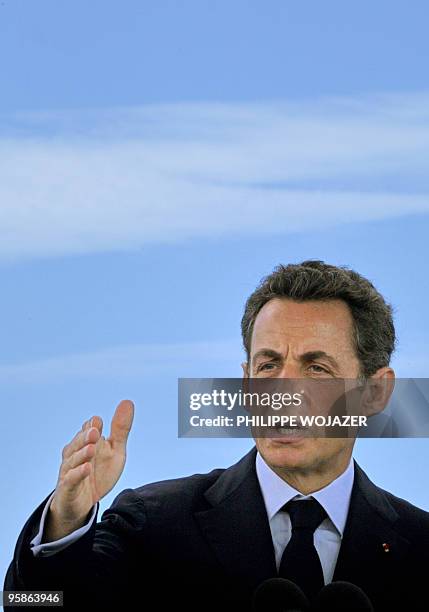 French President Nicolas Sarkozy delivers a speech for the openning of a solar plant in Saint-Pierre de La Reunion island on January 19, 2010 for an...