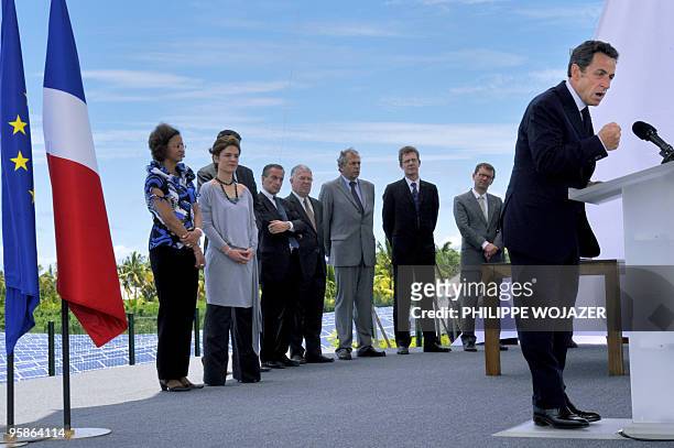 French President Nicolas Sarkozy delivers a speech for the openning of a solar plant in Saint-Pierre de La Reunion island on January 19, 2010 for an...