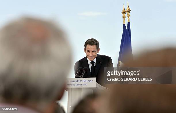 French President Nicolas Sarkozy delivers a speech for the openning of a solar plant in Saint-Pierre de La Reunion island on January 19, 2010 for an...