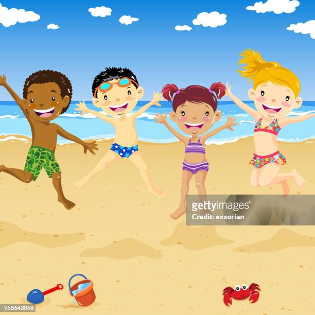 children jumping on the sand beach - african girls on beach stock illustrations
