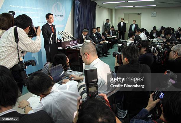 Seiji Maehara, Japan's minister for land and transport, speaks during a news conference in Tokyo, Japan, on Tuesday, Jan. 19, 2010. Japan Airlines...