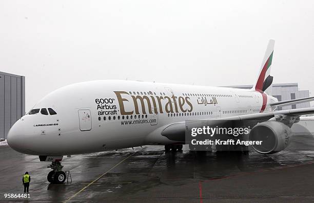 General view of the Airbus A380 before the HSV team hands over the A380 to the Emirates airline on January 18, 2010 in Hamburg, Germany.The world's...