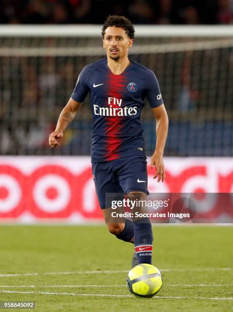 Marquinhos of Paris Saint Germain during the French League 1 match between Paris Saint Germain v Rennes at the Parc des Princes on May 12, 2018 in...