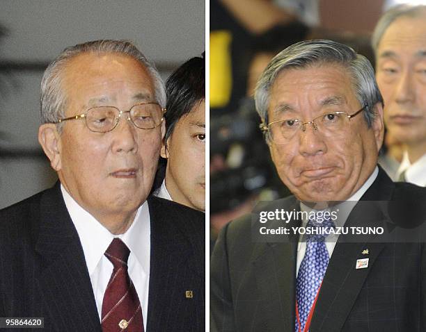 Combo picture shows Japan's high-tech giant kyocera founder Kazuo Inamori , taken on January 13, 2010 and Japan Airlines president Haruka Nishimatsu,...