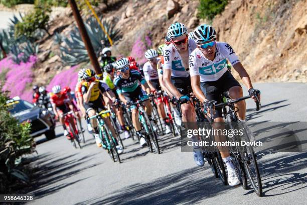 Sebastian Henao Gomez of Colombia and Team Sky leads teammate Tao Geoghegan Hart of Great Britain and Team Sky at the front of the lead group during...