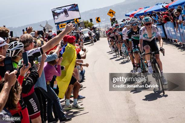 Tao Geoghegan Hart of Great Britain and Team Sky leads the front group up the Gibraltar climb during stage 2 of the Amgen Tour of California on May...