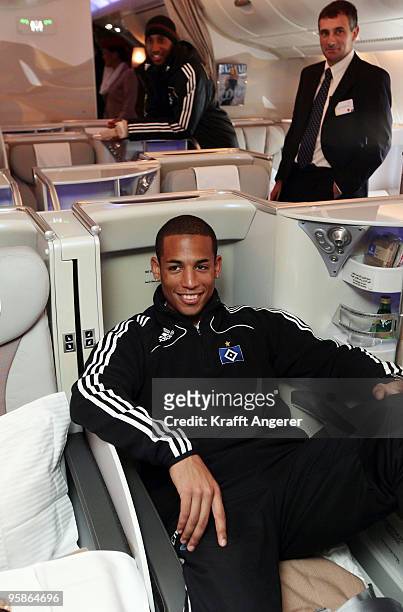 Dennis Aogo poses on board during the hand over of the A380 to the Emirates airline on January 18, 2010 in Hamburg, Germany.The world's largest...