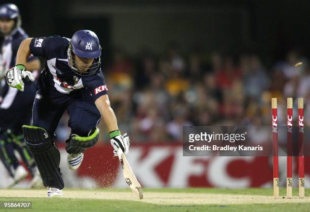 Aaron Finch of the Bushrangers makes his ground during the Twenty20 Big Bash match between the Queensland Bulls and the Victorian Bushrangers at The...