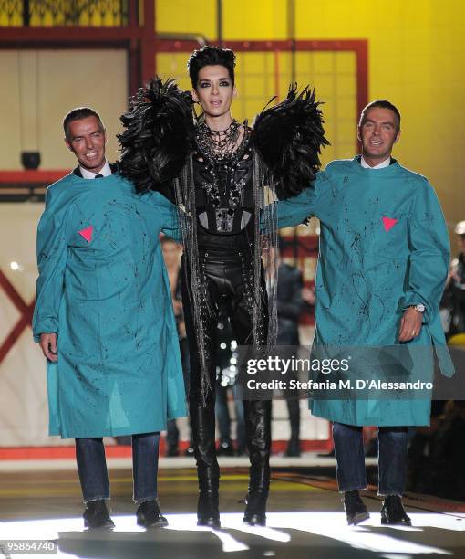 Designer Dean Caten, Tokio Hotel singer Bill Kaulitz and deigner Dan Caten walk the runway during the DSquared2 Milan Menswear Autumn/Winter 2010...