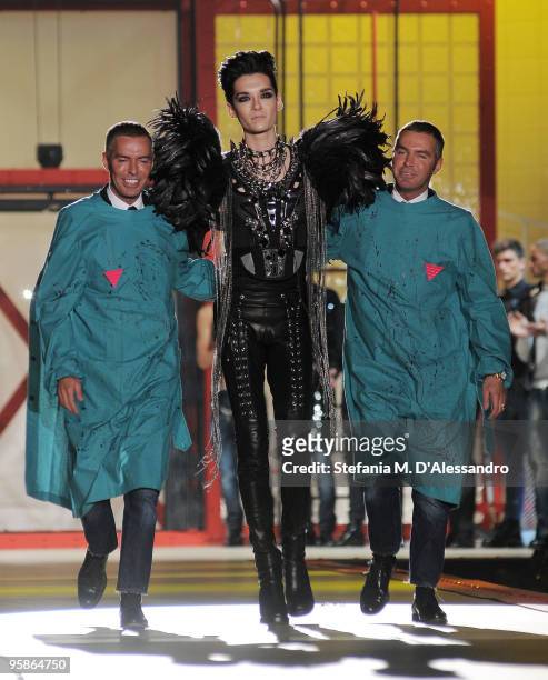 Designer Dean Caten, Tokio Hotel singer Bill Kaulitz and deigner Dan Caten walk the runway during the DSquared2 Milan Menswear Autumn/Winter 2010...