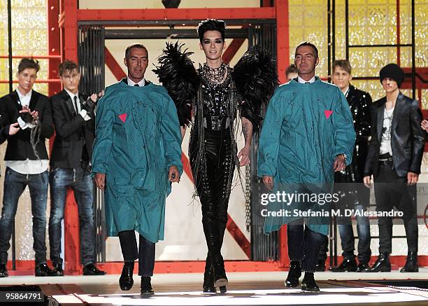 Designer Dean Caten, Tokio Hotel singer Bill Kaulitz and deigner Dan Caten walk the runway during the DSquared2 Milan Menswear Autumn/Winter 2010...