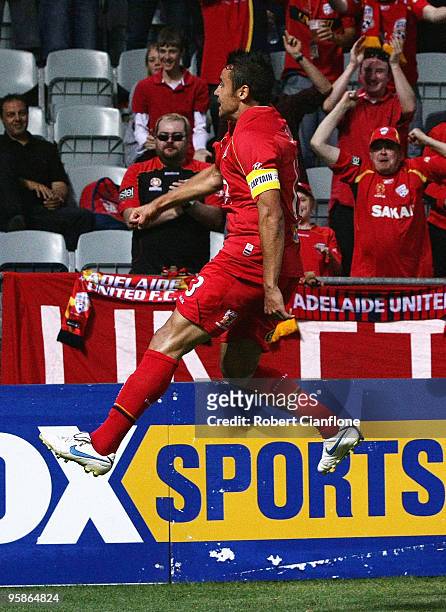 Travis Dodd of Adelaide United celebrates his goal during the round 19 A-League match between Adelaide United and Perth Glory at Hindmarsh Stadium on...
