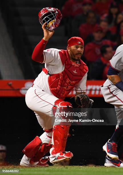 Rene Rivera of the Los Angeles Angels of Anaheim in action during the game against the Minnesota Twins at Angel Stadium on May 12, 2018 in Anaheim,...