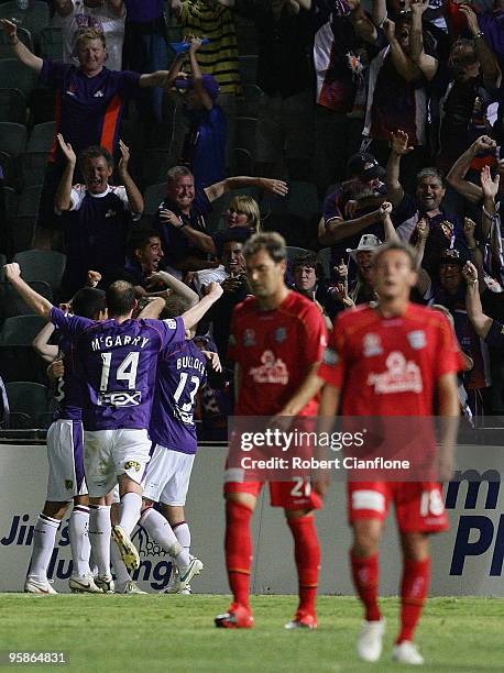 Perth Glory players celebrate a goal during the round 19 A-League match between Adelaide United and Perth Glory at Hindmarsh Stadium on January 19,...