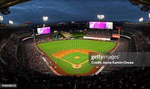 General view of Angel Stadium of Anaheim during the game between the Los Angeles Angels of Anaheim and the Minnesota Twins on May 12, 2018 in...