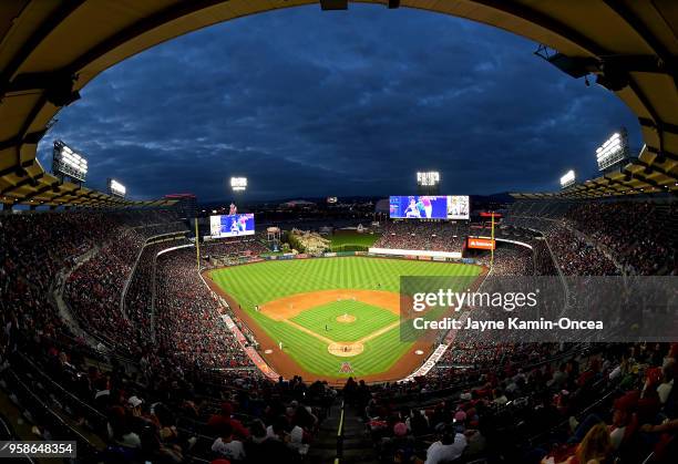 General view of Angel Stadium of Anaheim during the game between the Los Angeles Angels of Anaheim and the Minnesota Twins on May 12, 2018 in...