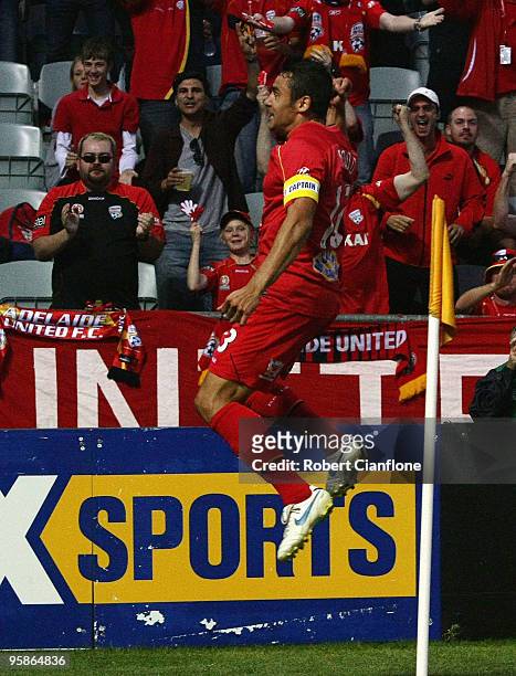 Travis Dodd of Adelaide United celebrates his goal during the round 19 A-League match between Adelaide United and Perth Glory at Hindmarsh Stadium on...