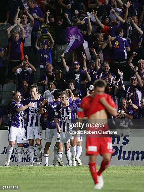 Perth Glory players celebrate a goal during the round 19 A-League match between Adelaide United and Perth Glory at Hindmarsh Stadium on January 19,...