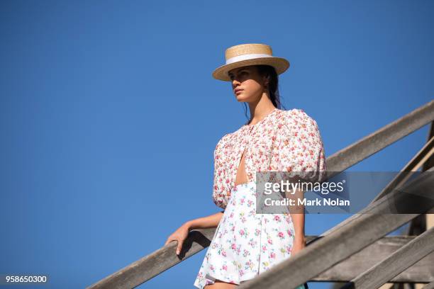 Model walks the runway during the Matchesfashion.com x Emilia Wickstead show at Mercedes-Benz Fashion Week Resort 19 Collections at Wylie's Baths on...