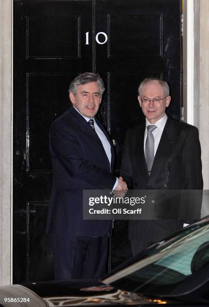 British Prime Minister Gordon Brown greets EU President Herman van Rompuy on the steps of number 10 Downing Street on January 19, 2010 in London,...