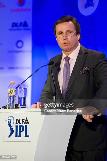 Richard Madley, celebrity auctioneer, conducts the bidding for players at the Indian Premier League 2010 auction on January 19, 2010 in Mumbai, India.