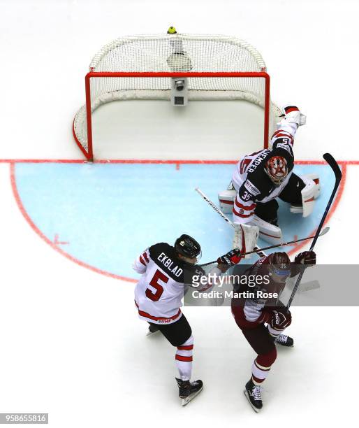Darcy Kuemper, goaltender of Canada tends net against Latvia during the 2018 IIHF Ice Hockey World Championship Group B game between Canada and...