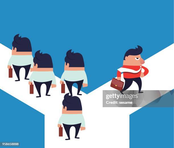businessman walking in different directions toward the intersection - split path stock illustrations