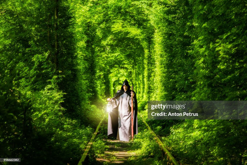 Wizard with a lantern in a tunnel of green forest