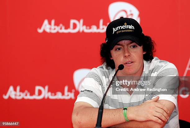 Rory McIlroy of Northern Ireland talks to the media during his press conference at The Abu Dhabi Golf Championship at Abu Dhabi Golf Club on January...