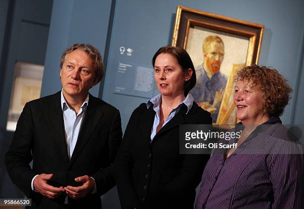 Willem Van Gogh, Josien Van Gogh and Sylvia Cramer, descendants of Theo Van Gogh , attend the press viewing of an exhibition of paintings and letters...