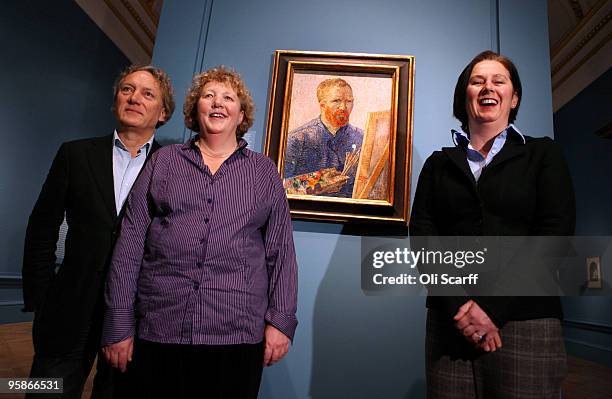 Willem Van Gogh, Sylvia Cramer and Josien Van Gogh, descendants of Theo Van Gogh , attend the press viewing of an exhibition of paintings and letters...