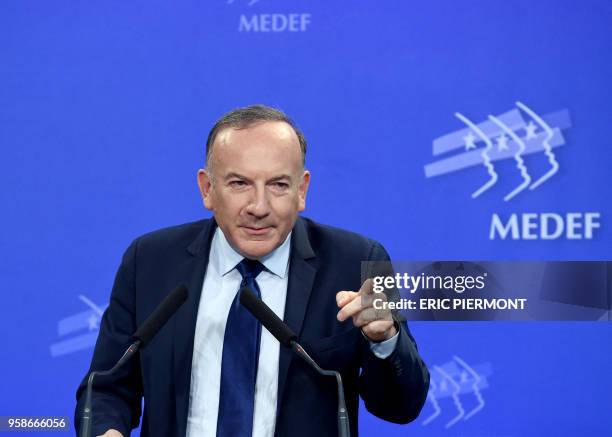 Head of French employers' association Medef Pierre Gattaz gives his monthly press conference at the Medef headquarters in Paris on May 15, 2018.