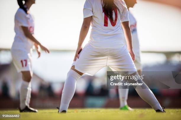 back view of female soccer team stretching before the match. - women's soccer stock pictures, royalty-free photos & images