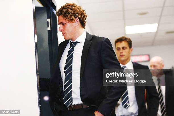 Charlie Curnow and brother Ed Curnow of the Carlton Blues leave after their AFL Tribunal Hearing into intentional contact with an umpire at AFL House...