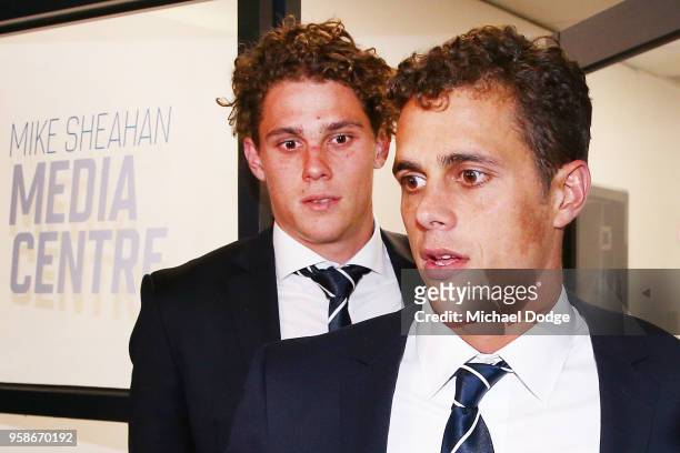 Charlie Curnow and brother Ed Curnow of the Carlton Blues leave after their AFL Tribunal Hearing into intentional contact with an umpire at AFL House...
