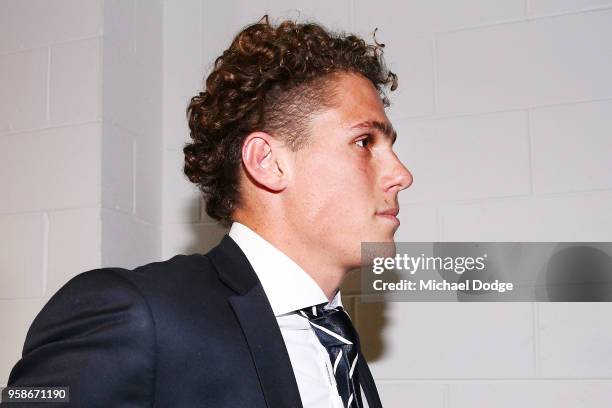 Charlie Curnow of the Carlton Blues leave after their AFL Tribunal Hearing into intentional contact with an umpire at AFL House on May 15, 2018 in...