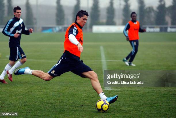 Cristiano Ronaldo of Real Madrid in action during a training session at Valdebebas on January 19, 2010 in Madrid, Spain.