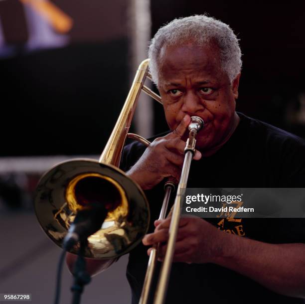 American trombonist Slide Hampton performs on stage at the Jazz A Vienne Festival held in Vienne, France in July 1998.