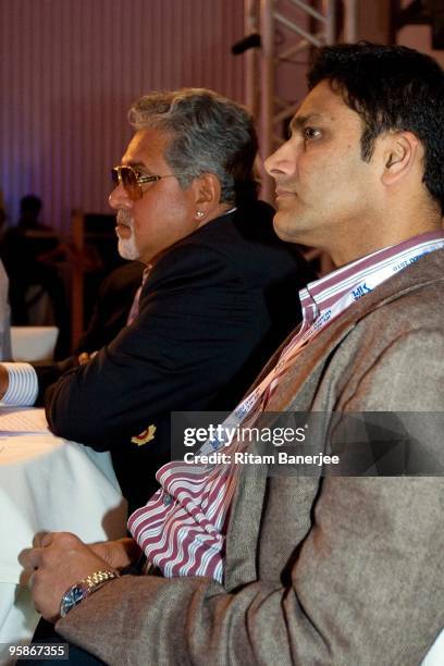 Anil Kumble, captain of Royal Challengers Bangalore and team co-owner Vijay Mallya attend the Indian Premier League Auction 2010 on January 19, 2010...