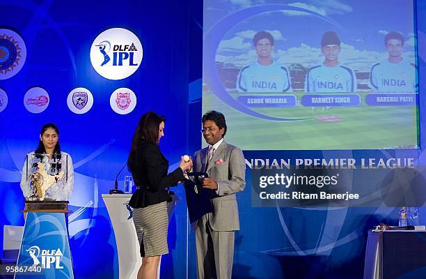 Preity Zinta , Bollywood actress and co-owner of the Kings XI Punjab appears on stage with Lalit Modi the chairman and commissioner of the IPL at the...