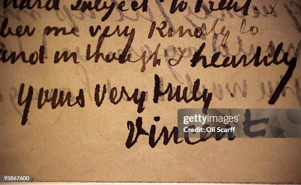 Detailed view of the signature of acclaimed Dutch artist Vincent Van Gogh at the end of a letter he sent to John Peter Russell on June 17 displayed...