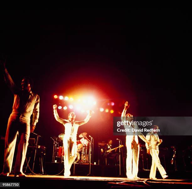 Renaldo 'Obie' Benson, Levi Stubbs, Abdul 'Duke' Fakir and Lawrence Payton perform on stage at the Hammersmith Odeon in London, England in March 1982.