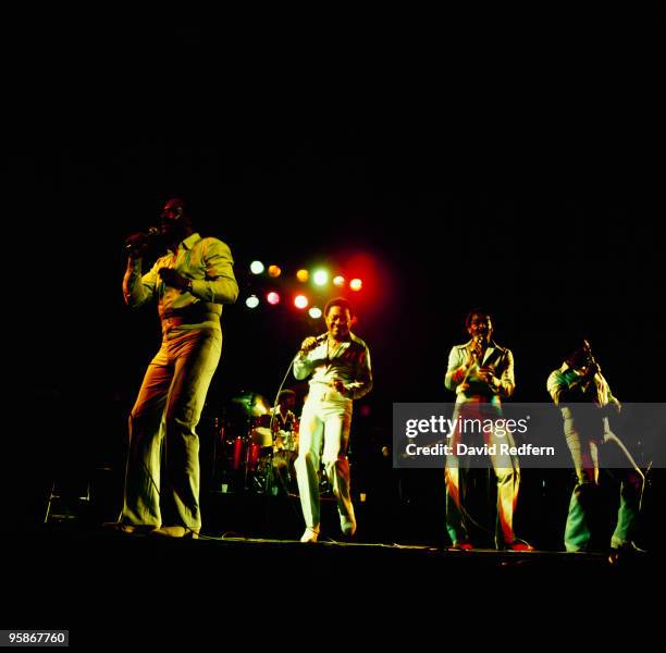 Renaldo 'Obie' Benson, Levi Stubbs, Abdul 'Duke' Fakir and Lawrence Payton perform on stage at the Hammersmith Odeon in London, England in March 1982.