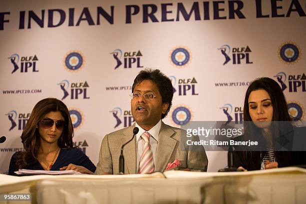 Lalit Modi , Chairman & Commissioner of IPL speaks at a press confernce as Shilpa Shetty co-owner of Rajasthan Royals and Preity Zinta co-owner of...