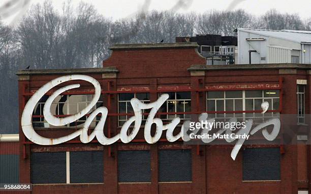 The Cadbury's logo is seen displayed outside the Somerdale plant in Keynsham on January 19, 2010 in Bristol, England. The US food giant Kraft has...