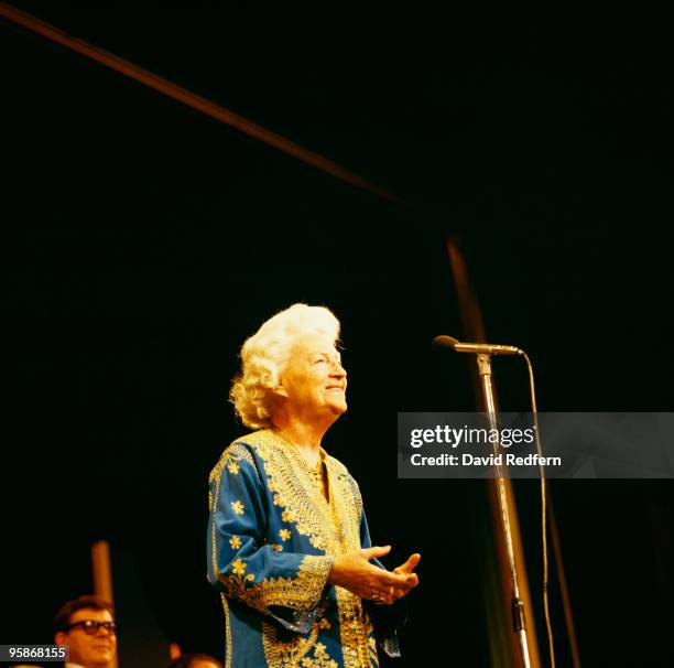 Singer Gracie Fields performs on stage circa 1970.