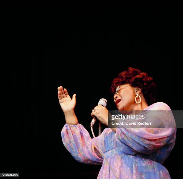 American jazz singer Ella Fitzgerald performs live on stage as part of the Newport Jazz Festival at Ayresome Park football stadium in Middlesbrough,...