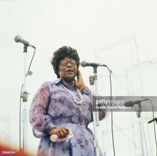 American jazz singer Ella Fitzgerald performs live on stage as part of the Newport Jazz Festival at Shea Stadium in New York on 3rd July 1973.