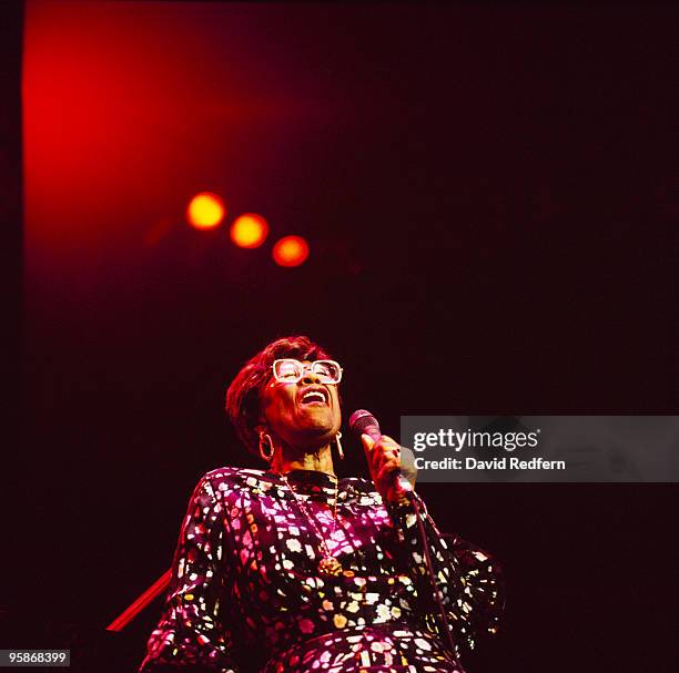 American jazz singer Ella Fitzgerald performs live on stage during a concert performance with the Count Basie Orchestra on one of three nights at the...